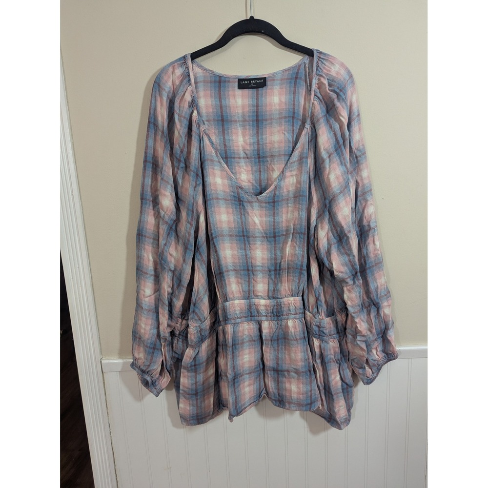 Lane Bryant Pink Blue Plaid Empire Waist Peplum Blouse Top Plus Size 28 Soft